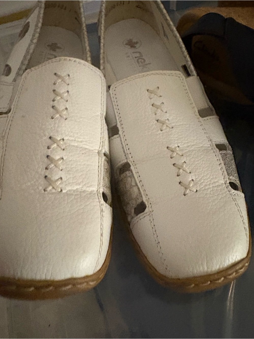 Rieker White Leather Slip-On Loafers with Stitch Detail
